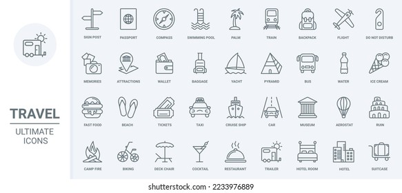 Iconos de línea delgada de viaje establecen la ilustración vectorial. Esbozar la colección de cruceros turísticos con pasaporte internacional, piscina de playa y maleta, entradas para la atracción de museos y arquitectura, cámara y mapa