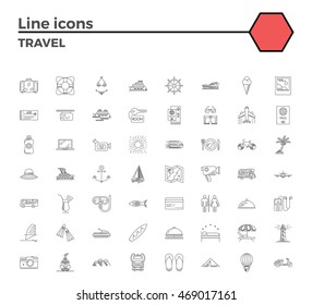 Travel thin line related icons set on white background.Summer holidays, vacation and travel objects. Simple mono linear pictogram pack Stroke vector logo concept for web graphics.
