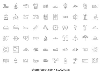 Travel Thin Line Related Icons Set on White Background. Summer Holidays, Vacation and Travel. Simple Mono Linear Pictogram Pack Stroke Vector logo Concept for Web. Editable Stroke. 48x48 Pixel Perfect