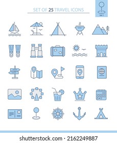 Travel - thin line vector icon set 1. Color blue. The set contains icons: Tourism, Travel, Diving, Beach, Mountains, Map icon, Passport, VIP zone, Sailboat, Hiking, Calendar leaf.