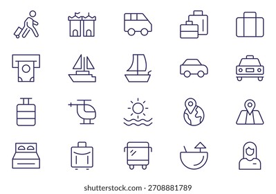 Viaje - conjunto de iconos de Vector de línea delgada. Trazo editable. Píxel perfecto. El conjunto contiene iconos: Turismo, Viaje, Avión, Playa, Montañas, Brújula de navegación, Palmera, Pasaporte, Hotel