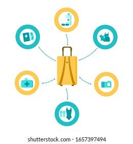 Travel things infographic, check list. Tourist accessories and things vector illustration set. Isolated on white background. Suitcase packing process for summer vacation. Flat style. 