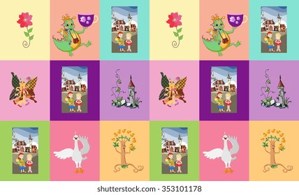 Travel through fairyland. Childish seamless patchwork pattern with dragon, prince, princess, swan, tree, castle, flower and butterfly. Fantasy vector illustration.