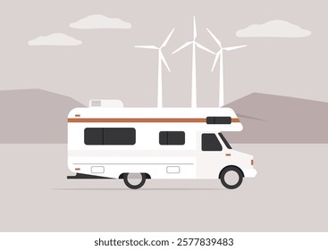 Travel through serene landscapes in a sustainable RV, surrounded by towering wind turbines, as mountains rise in the distance during a peaceful outdoor escape