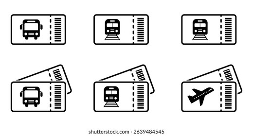 Travel ticket for bus, train and plane ticket thin line icon set. Vector transit ticket collection. Public transport pass set with barcodes thin outline design.