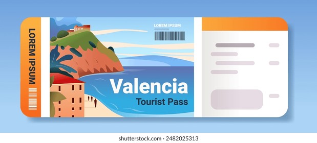 Travel ticket design with coastal landscape cliffside buildings blue ocean and green hills colorful artistic layout