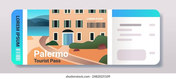 Travel ticket design with a scenic coastal building mountains and path in a minimalist style vibrant colors modern layout