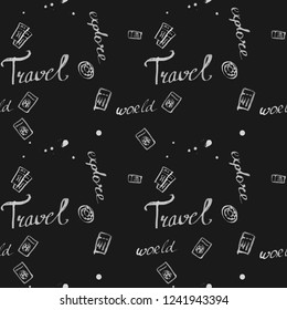 travel ticket seamless pattern . fashion hand drawn ink style with white contour lines isolated on black backgrownd. repeatable texture for textile fabric , wrapping paper. vector illustration