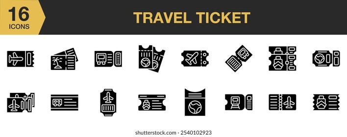 Travel Ticket solid icon set. Includes travel ticket icons, and More. Solid icons vector collection.