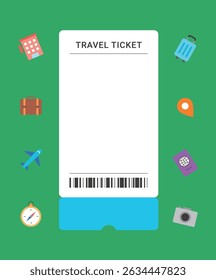 Travel ticket surrounded by travel icons including carrier, bag, passport, airplane, hotel, compass, camera, passport. Ideal for promoting tourism, booking, travel and adventure related services.