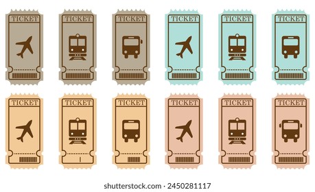 Travel ticket template for train pass, plane and bus vector illustration. Isolated on transparent.