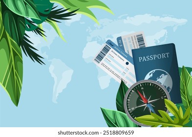 Antecedentes de los billetes de viaje. Pasaporte extranjero, brújula y boletos contra el telón de fondo del mapa mundial. Festiva y vacaciones, turismo. Vuelo y viaje. Ilustración vectorial plana