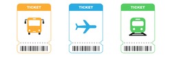 Travel Tickets For Bus, Plane And Train. Isolated Subway And Railway Pass Card. Airplane Ticket With Barcode On White Background. Transport Pictogram In Orange, Blue And Green Colors. EPS 10