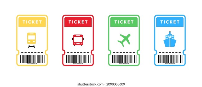 Travel tickets for bus, plane and train. World traveler set. Airplane ticket with barcode. Ticket elements with thin line icons. Isolated subway and railway pass card. Vector.