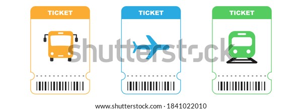 Travel\
tickets for bus, plane and train. Isolated subway and railway pass\
card. Airplane ticket with barcode on white background. Transport\
pictogram in orange, blue and green colors. EPS\
10