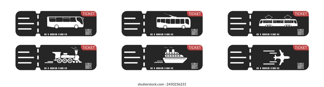 Travel tickets for, plane, train, trolleybus, tram, bus, ship. Set of tickets for various transport vector. Black icons of tourist tickets for transport. Ticket booking for tourism.