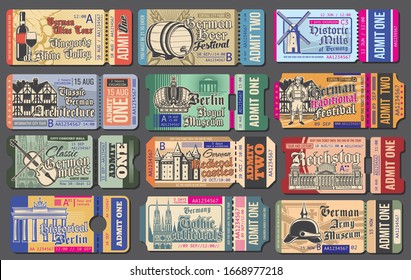 Travel tickets for Germany cultural events, vector templates set. National museum and vineyards, beer festival, historic mills, travel landmarks, brewery and music. Vintage tickets with sightseeing