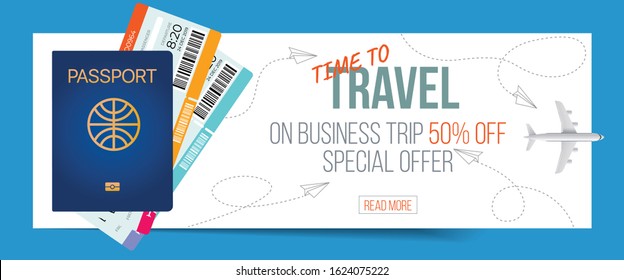 travel with tickets and passport on a plane background set design