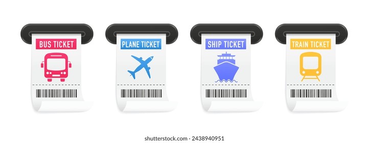 Travel tickets from ticket machine slot for bus, plane, ship and train. World traveler set. Airplane ticket with barcode. Ticket elements with thin line icons. Transport pictogram. Vector illustration