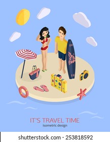 It's travel time 3d isometric pixel design concept with man and woman standing on the beach. Vector illustration