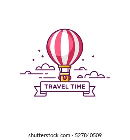 Travel time. Air balloon in the sky with clouds. Vector illustration.