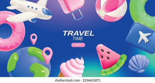 Travel time blue background with frame consisting of globe airplane tickets ice cream lifebuoy seashell volleyball ball cartoon icons vector illustration