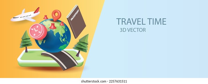 Travel time business concept 3d illustration, Airplane flying over the map pin summer season vlog 