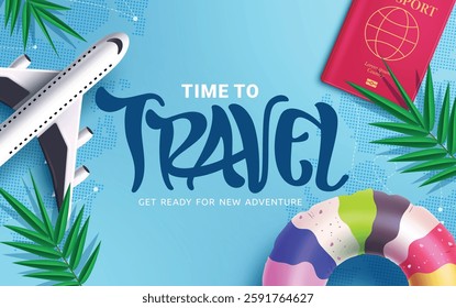 Travel time clipart banner design. Time to travel text in blue background with palm leaves, airplane, passport and inflatable ring elements clip art for summer holiday vacation trip vector 