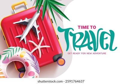 Travel time clipart poster design. Time to travel text in abstract background clip art for summer adventure journey with luggage bag, inflatable ring, airplane, leaves and starfish elements vector 