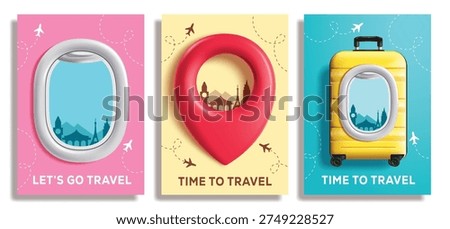Travel Time clipart poster set design. Let's go Travel and Time to Travel text clip art with airplane window, location pin and luggage bag traveler elements in colorful background for vacation holiday international flight banner template collection vector illustration.
