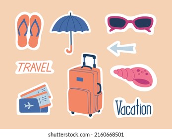 Travel time. Colored sticker set for diaries or planners. Suitcase, sunglasses, umbrella, tickets, seashell. Hand drawn vector illustration isolated on background. Modern flat cartoon style.