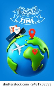 Travel time concept. 3d vector banner with lettering inscription