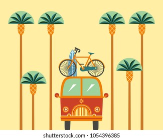 Travel time concept. Flat line tourism trip sign. Mini bus vehicle with surfboard bicycle driving to beach fun. Transportation by van car. Outdoor tourist adventure advertisement banner background