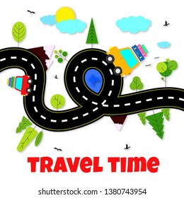 Travel Time concept. Illustration with the cut road, cars, trees, mountains on the white background. Paper art design. Vector.