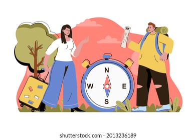 Travel time concept. Man with backpack and woman with suitcase goes on trip situation. Vacation and tourism people scene. Vector illustration with flat character design for website and mobile site