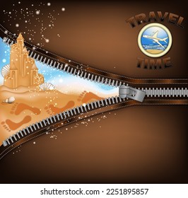 Travel Time congratulation card with zipper and sand castle, vector illustration