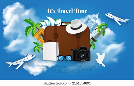 It is Travel time design with blue sky, plane, hat and luggage vector illustration. world tourism day background