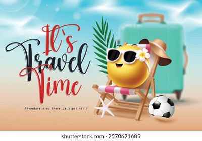 Travel time emoji clipart design. Travel time text with cute emoji character sitting on beach chair in tropical blurred luggage background. Vector illustration vacation tour emoticon clip art.
