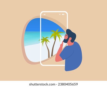 Travel time experience, Wanderlust. Man character looks at options for vacation. Traveling to other countries on social networks. Find and book exciting vacation tours. Wanderlust vector illustration