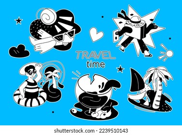 Travel time - flat design style illustration sticker set with linear elements. Images of plane flight, city tour, swimming in the sea and boat trip to the island with a palm tree, glass of wine