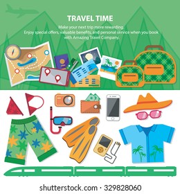 Travel time.  Flat style travel blog icon set. Holiday vacation concept.