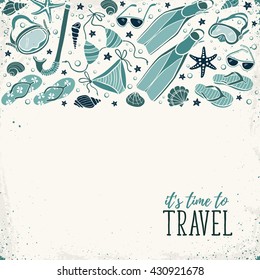 Travel time flayer in retro colors. Illustration of swimsuits, masks, shells, flippers and flip flops. Summer side composition with text. Collection of beach accessories in retro style.