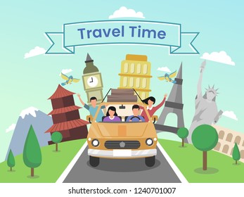 Travel Time go to Eropa with friend in the car to USA, Paris, Inggris,china, roma, nepal design illustrator