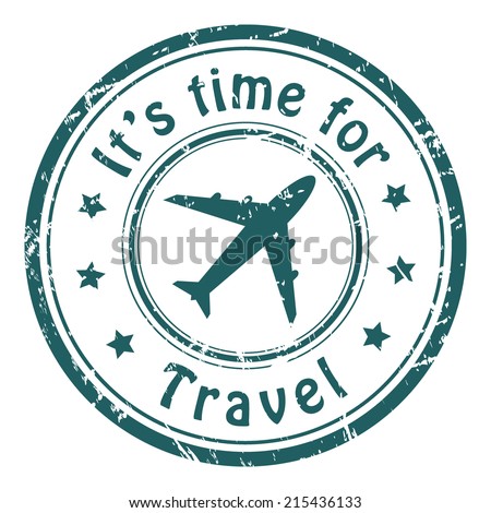 Travel time, grunge postal stamp icon, blue isolated on white background, vector illustration.