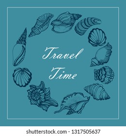 travel time, hand drawing, seashells, vector illustration