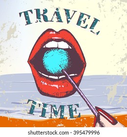 Travel time. Hand drawn illustration in vintage style. Vector - stock.