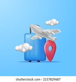 Travel time, holiday vacation with airplane concept with 3d illustration of suitcase and airplane with blue background