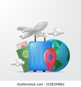 Travel time, holiday vacation concept with 3d illustration of airplane, suitcase, globe world, passport