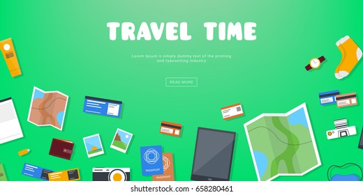 Travel time. Horizontal advertising banner on theme travel, vacation. Preparing for journey. Green backdrop with things necessary traveler. Top view.  Colorful vector background in flat style.