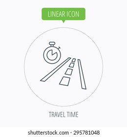 Travel time icon. Road with timer sign. Linear outline circle button. Vector